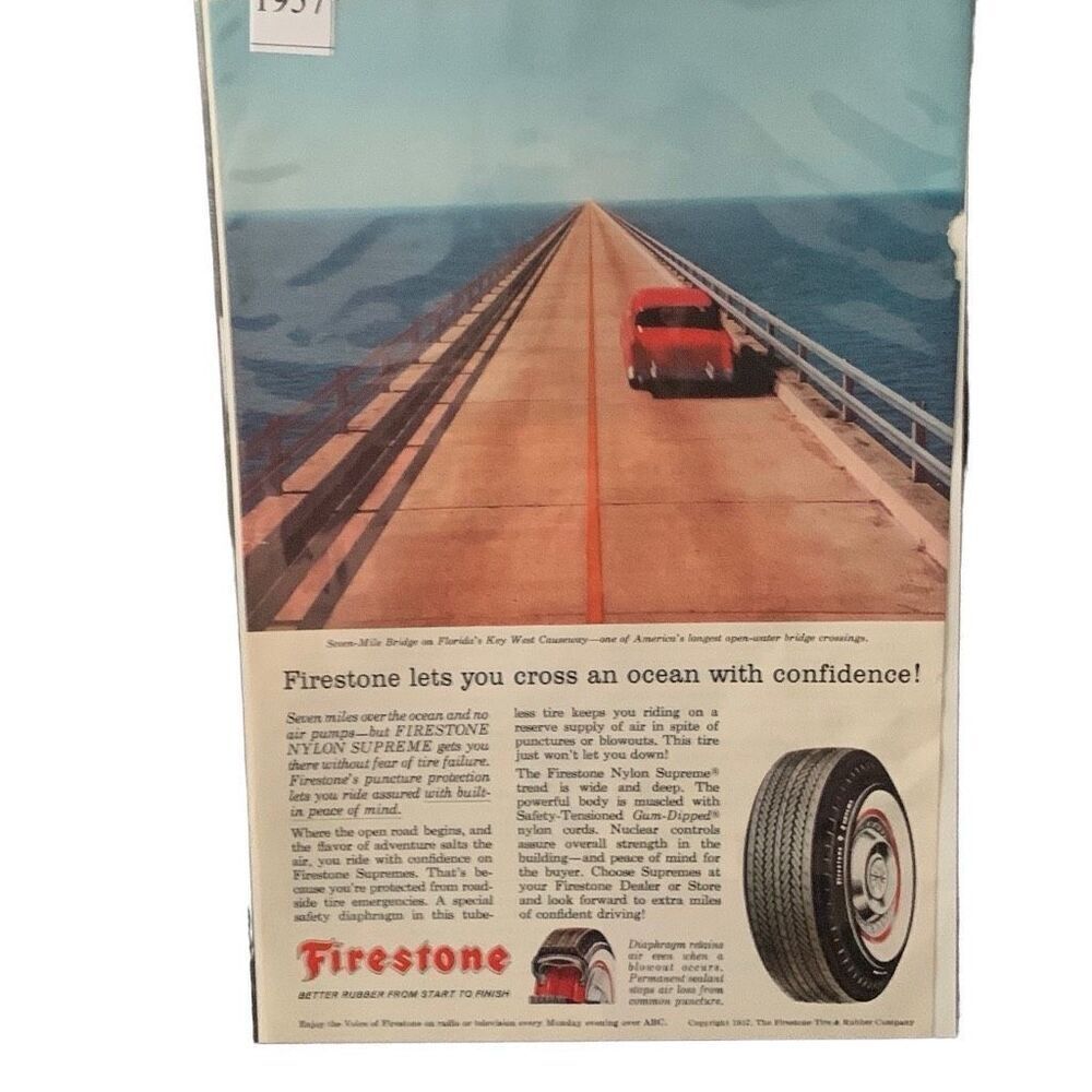 Vintage 1957 Firestone Cross an Ocean with Confidence Ad Advertisement
